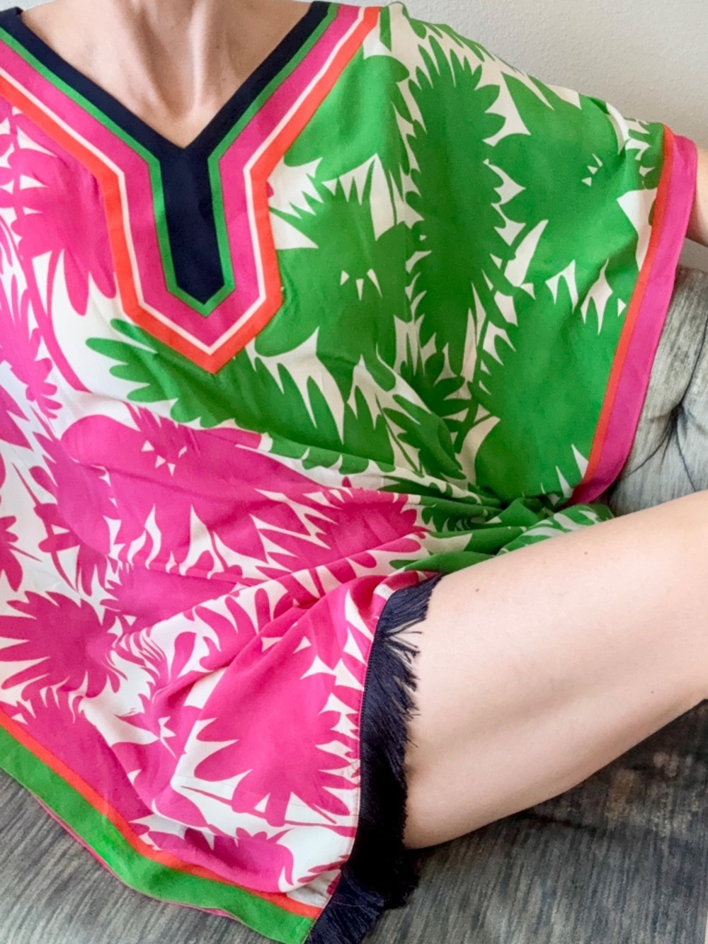 Trina Turk Silk Caftan Mini Dress Pink Green Swim Coverup Resort Fringe Small